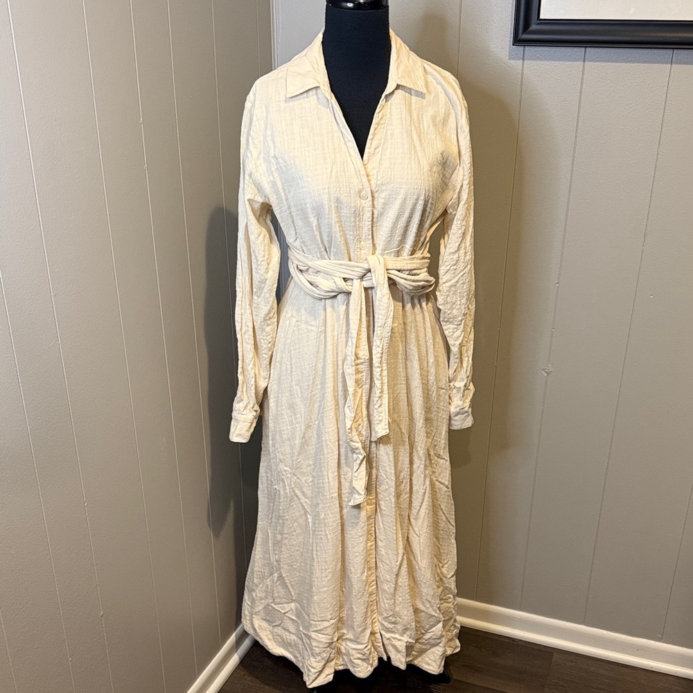 B11 Hatch Women’s Maternity 1 Tan Long Sleeve Tie-Waist Button Down Shirt Dress